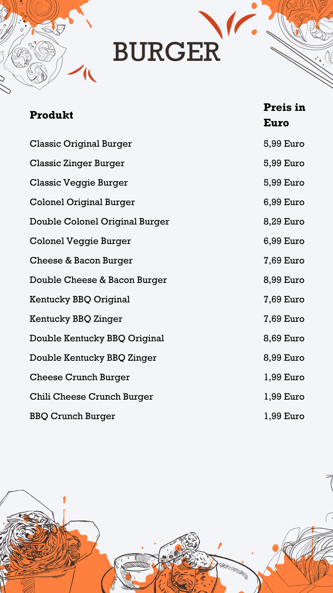 Burger KFC Preise